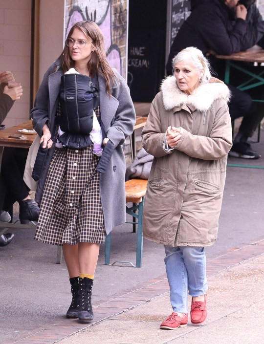 Keira Knightley carries her newborn daughter Delilah for the first time with her 'Baby Bjorn' carrier with mother Sharman Macdonald after lunch at the trendy 'Towpath Cafe' on the banks of the Regents Canal in Hoxton.Pictures Steve Butler. NO CREDIT.Exclusive allround.07970430606
